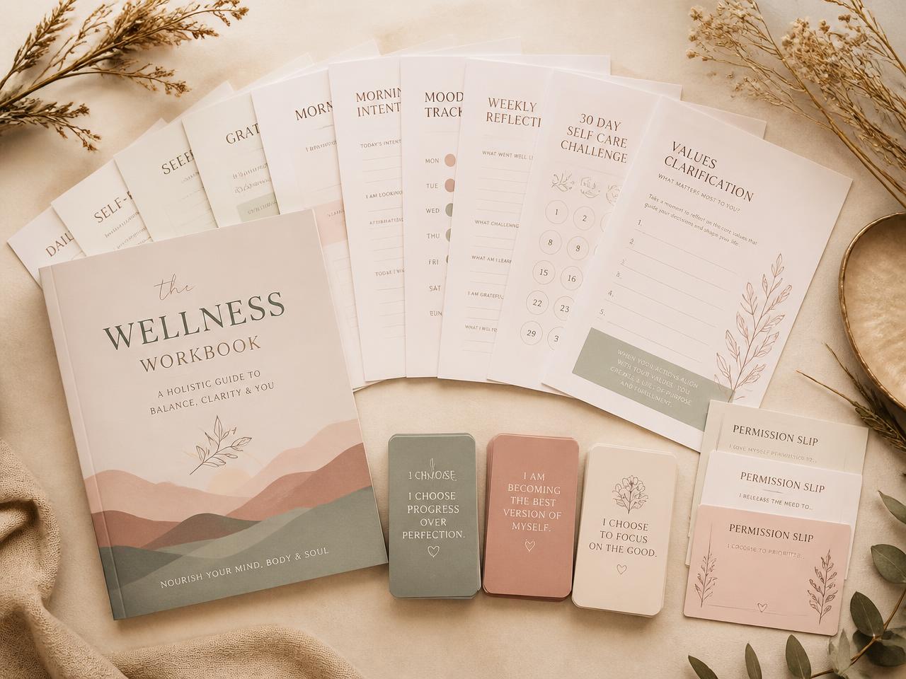 Flat lay of the workbook, printable worksheet pages, coping cards, affirmation cards and permission slips