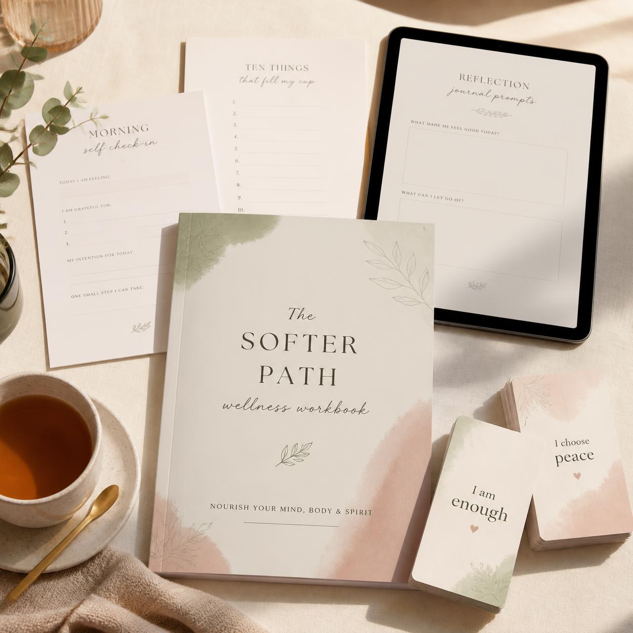 The Inner Light Reset Bundle workbook, printable worksheets, coping and affirmation cards and a tablet arranged on a calm cream desk